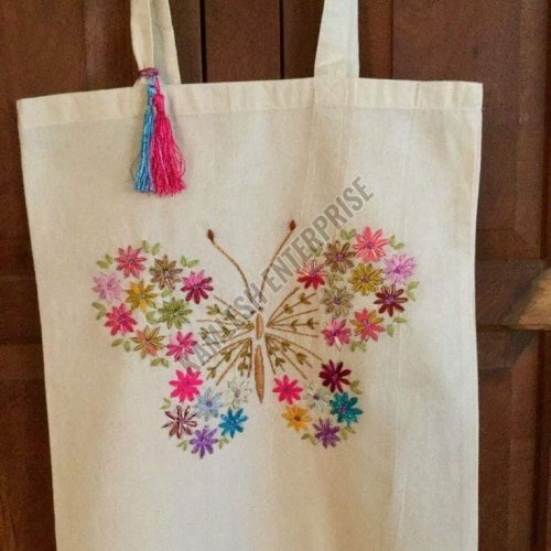 Embroidered Off White Canvas Tote Bag