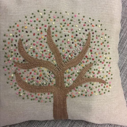 French Knot Embroidered Tree Motif Cushion Cover