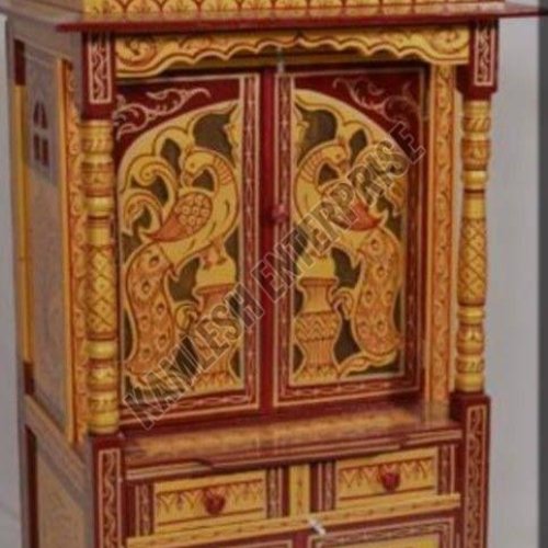 Handcrafted Wooden Temple with Peacock Design