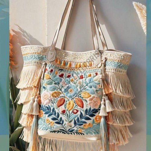 Multi Floral Embroidered Cotton Jacquard Tote Bag