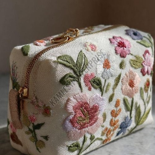 White Floral Embroidered Cotton Makeup Bag