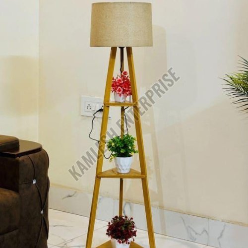 Wooden Tripod Floor Lamp with 3 Shelves