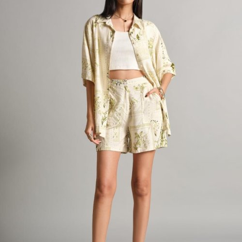 Beige Printed Co-ord Set Shorts