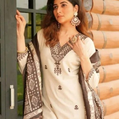 Beige Printed Khadi Cotton Suit Set