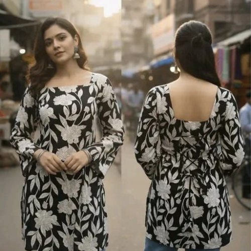 Black Floral Printed Cotton Short Kurti