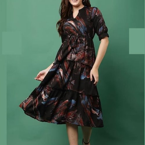 Black Print Puff Sleeve Fit and Flare Midi Dress