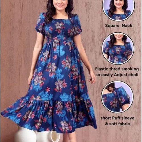 Blue Floral Printed Fit and Flare Midi Dress