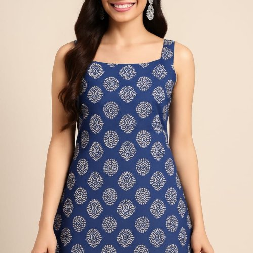 Blue Floral Printed Sholder Strap Short Kurti
