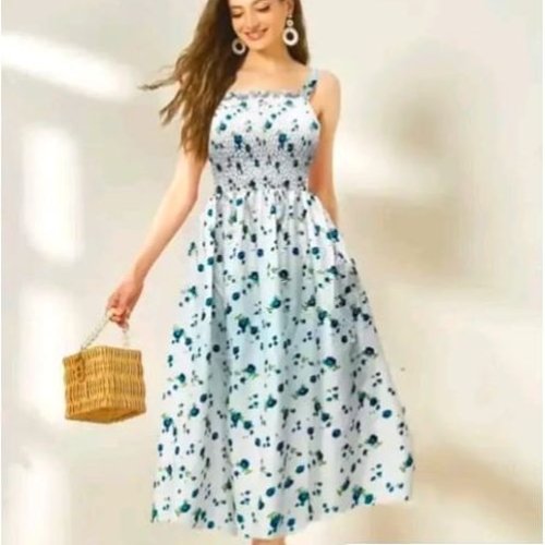 Blue Floral Printed Sleeveless A Line Midi Dress