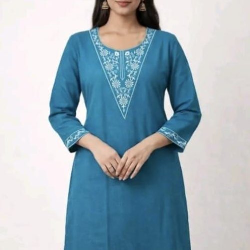 Blue Round Neck Floral Embroidered Kurti Set