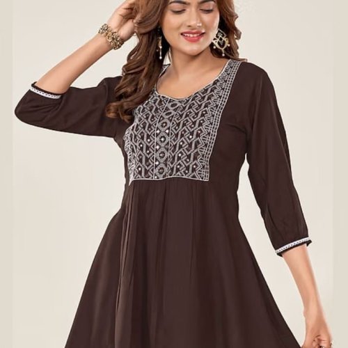 Brown Embroidered Work Short Kurti