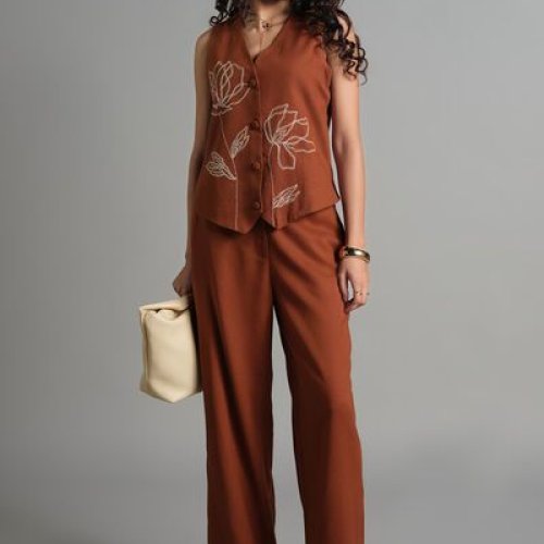 Brown Floral Embroidered Co-ord Set