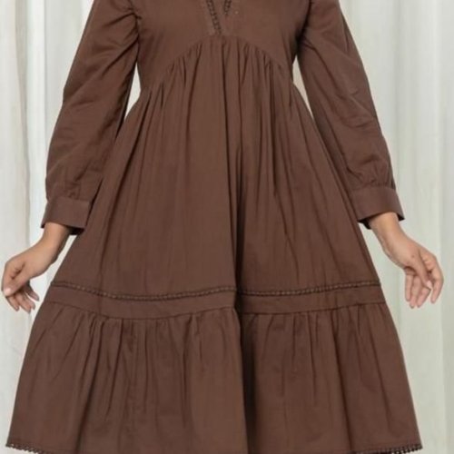 Brown V Neck Full Sleeves Solid Mini Dress