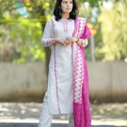 Classic White Pink Embroidered Cotton Suit Set