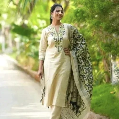 Creamy Heavy Embroidered Dupatta Cotton Suit Set