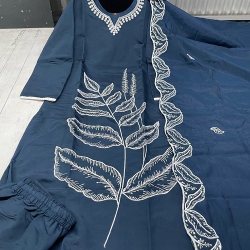 Deep Blue Floral Embroidered Cotton Suit Set