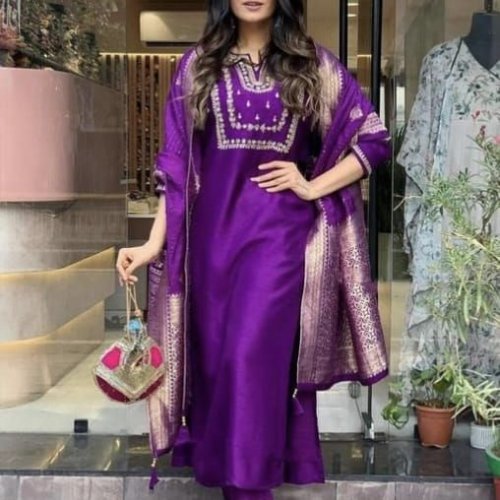 Designer Chanderi Embroidered Suit Set