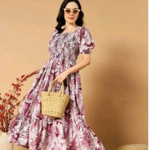Floral Print Puff Sleeve A Line Midi Dress