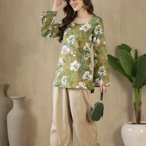 Green Floral Printed Cotton Short Kurti