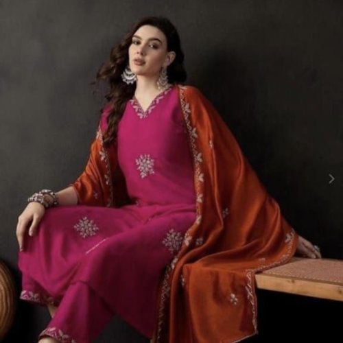 Magenta Embroidered Cotton Suit Set