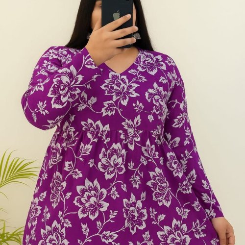 Magenta Floral Printed Cotton Short Kurti