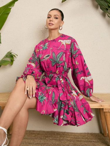 Magenta Printed Round Neck Mini Dress