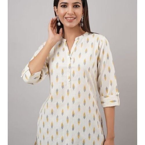 Off White Printed Pure Cotton Short Kurti