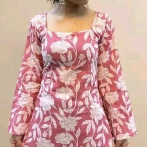 Pink and White Floral Printed Cotton Short Kurti