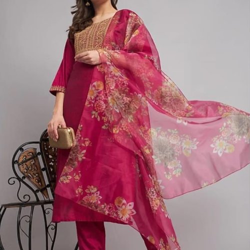 Pink Round Neck Embroidered Cotton Suit Set