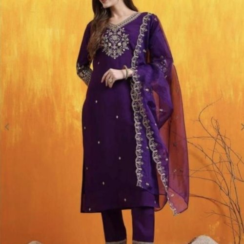 Purple Chanderi Embroidered Suit Set