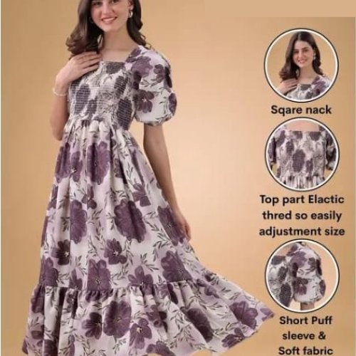 Purple Floral Print Puff Sleeve Fit and Flare Midi Dress