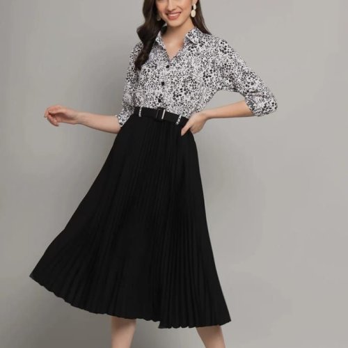 Regular Fit Printed Top and Solid Black Skirt Set for Women