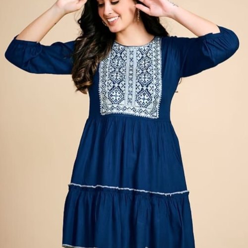 Royal Blue Embroidered Short Kurti