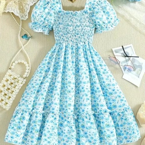 Sky Blue Floral Printed A Line Mini Dress