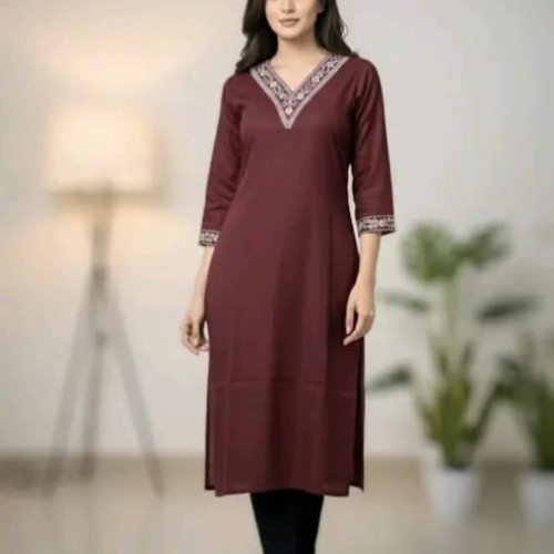 Solid V Neck Kurti Set