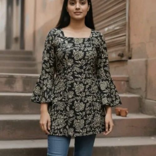 Square Neck Black Floral Printed Short Kurti