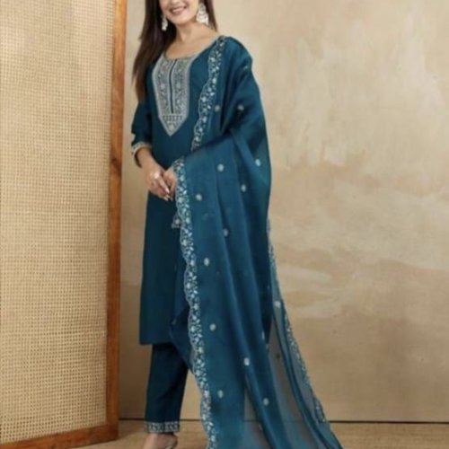 Teal Blue Embroidered Cotton Suit Set