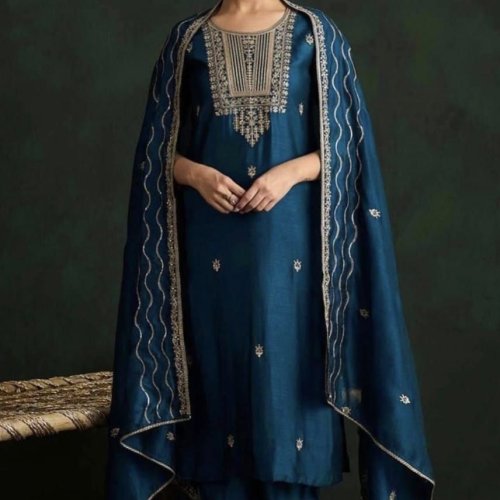 Teal Blue Embroidered Silk Suit Set