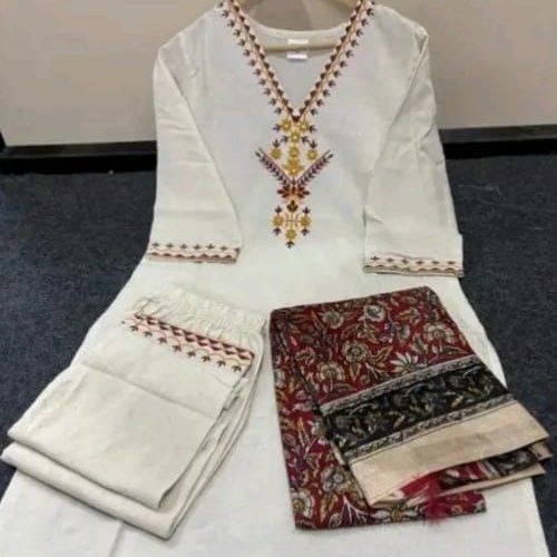 White V Neck Khadi Print Dupatta Suit Set