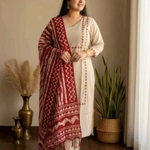 Women Cotton Blend Straight Emboidered Suit Set