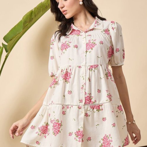 Women Floral Printed Puff Sleeve Mini Dress