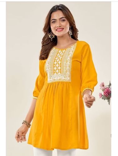 Yellow Embroidered Round Neck Mini Dress
