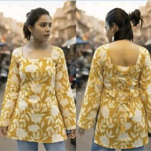 Yellow Floral Printed Full Sleeves Short Kurti