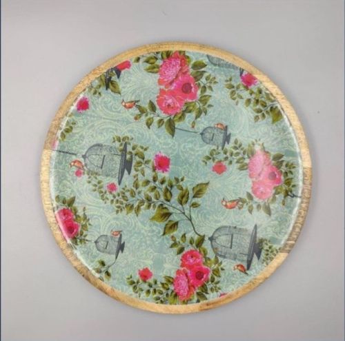10 Inch Floral Design Round Wooden Plate