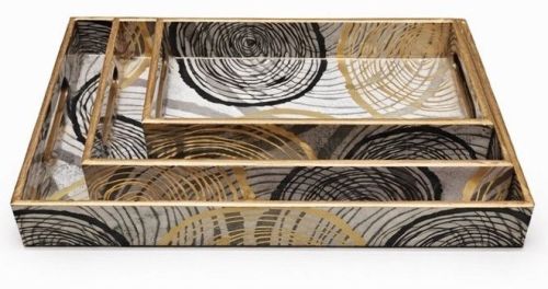 Concentric Circles Pattern Rectangular Wooden Serving Tray Set