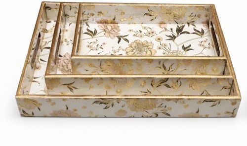 Floral Design Wooden Rectangular Tray Set