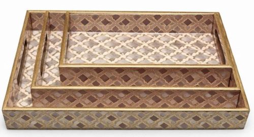 Geometric Pattern Rectangular Wooden Serving Tray Set