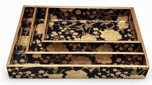 Golden Floral Resin Coated Wooden Rectangular Serving Tray Set