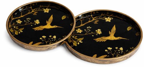 Golden Hummin Bird Design Round MDF Serving Tray