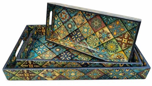 Handcrafted Enamel Coated Wooden Rectangular Serving Tray Set